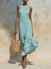 Full Size Ruffle Hem Sleeveless Midi Dress in Yellow, close-up detail