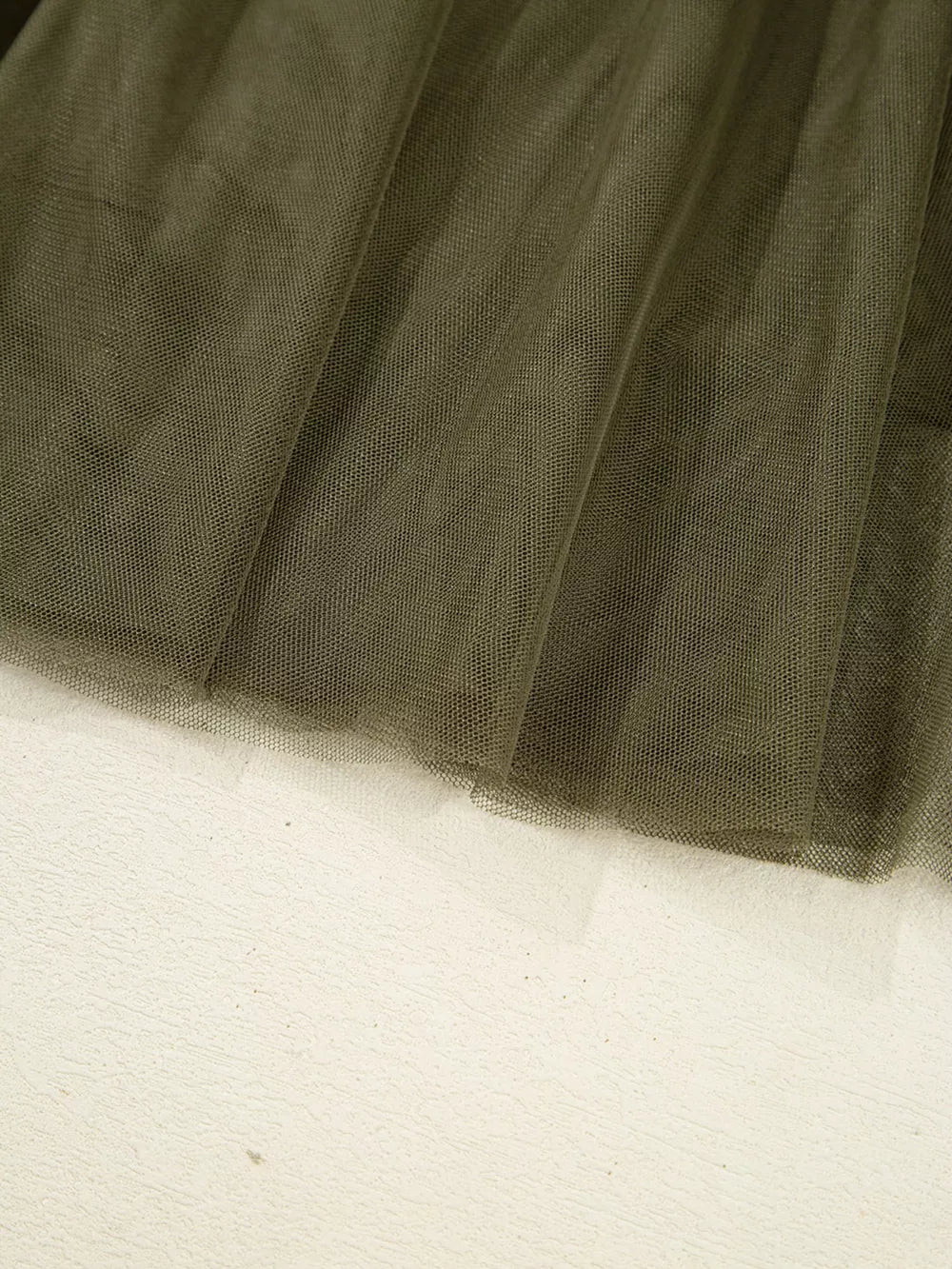 Army green tulle midi skirt with a-line cut and gathered detail