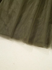 Army green tulle midi skirt with a-line cut and gathered detail