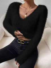 Black fluffy V-neck knit top with long sleeves and a cozy texture.