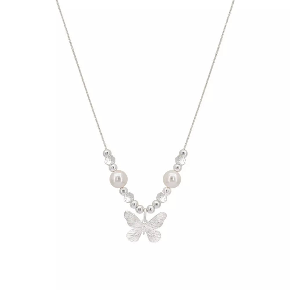 Silver necklace with pearls, beads, and butterfly charm