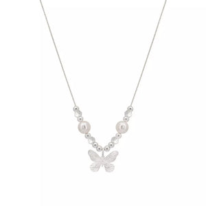Silver necklace with pearls, beads, and butterfly charm