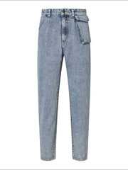 Light wash barrel leg jeans with prominent pocket detail and pleated front.
