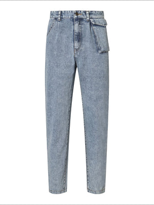 Light wash barrel leg jeans with prominent pocket detail and pleated front.