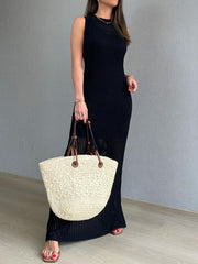 Black open-knit column dress with side slit and round neckline, acrylic.