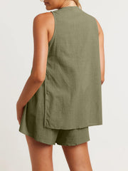 Matcha green linen co-ord set with sleeveless top and shorts, showing back cut-out detail.