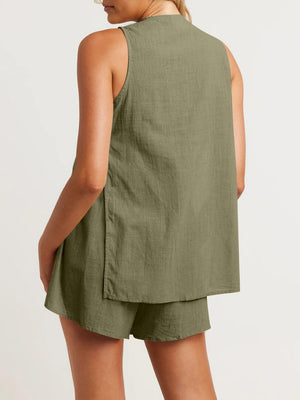 Matcha green linen co-ord set with sleeveless top and shorts, showing back cut-out detail.