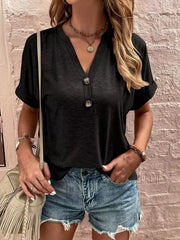 Full Size Notched T-shirt With Rolled Sleeves in Pink, front view