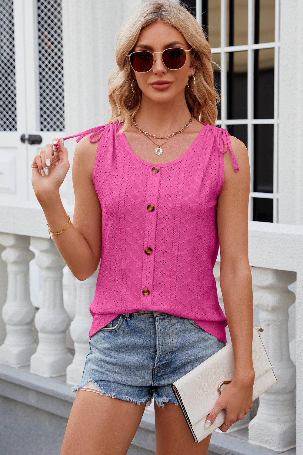 Hot Pink eyelet tank top with tie shoulders and button front