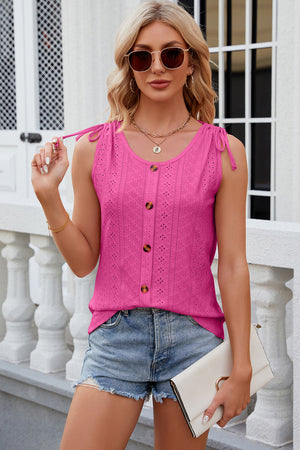 Hot Pink eyelet tank top with tie shoulders and button front