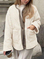 Cream teddy-texture button-up jacket with corduroy trim and pockets