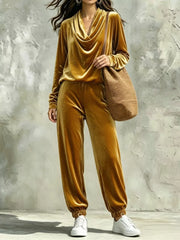 Cowl Neck Top And Joggers Set in Black, fabric detail