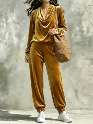 Cowl Neck Top And Joggers Set in Black, fabric detail
