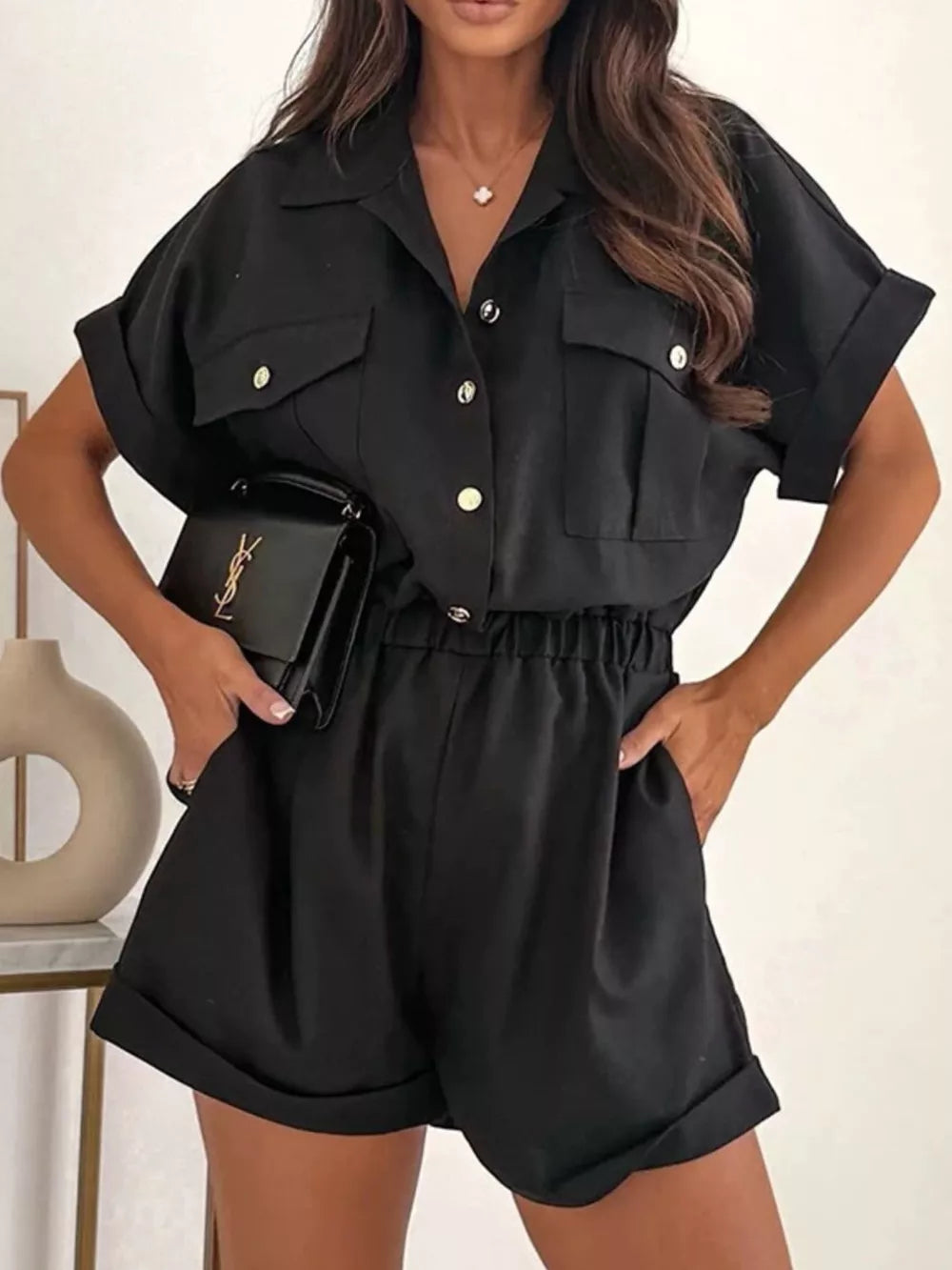 Button Front Short Sleeve Shirt And Shorts Set in Gum Leaf, front view