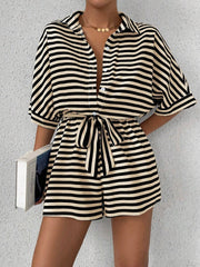 Black and tan striped shirt romper with self-tie belt and button front.