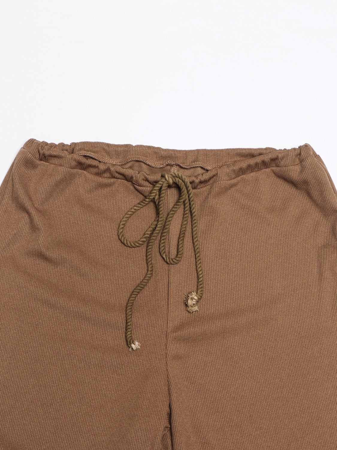 Brown ribbed knit lounge pants with drawstring waist