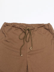 Brown ribbed knit lounge pants with drawstring waist