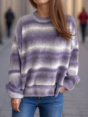 Lilac ombre stripe fluffy knit crewneck jumper with textured bands.