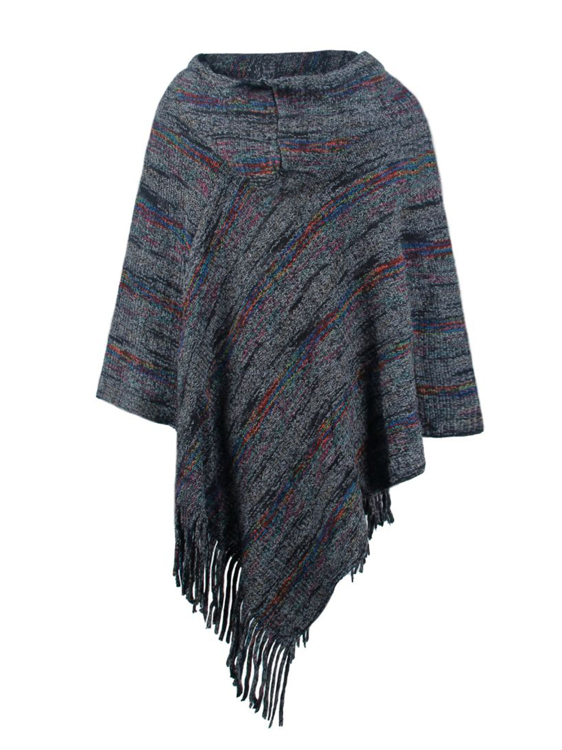 Charcoal mélange knit hooded cape with colorful stripes and fringe detail.