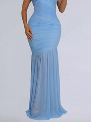 Light blue ruched bodycon maxi dress with sheer ruffled hem detail.