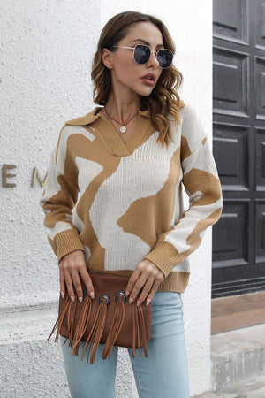 Women's camel and white abstract print knit polo sweater with v-neck