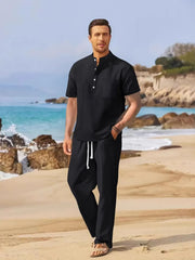 Black linen henley shirt and drawstring trousers set
