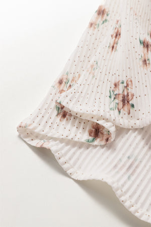 Pleated floral tank top with polka dot print and ruffled hem.