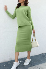 Ribbed knit midi co-ord set in Gum Leaf, featuring a crew neck sweater and pencil skirt.