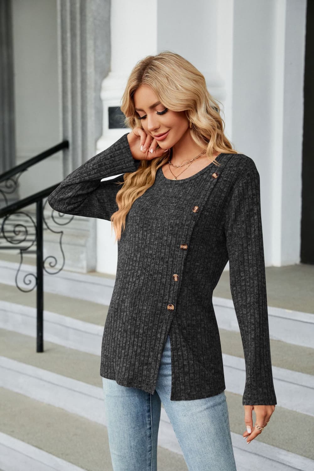 Dark gray ribbed tunic top with asymmetric hem and button detail
