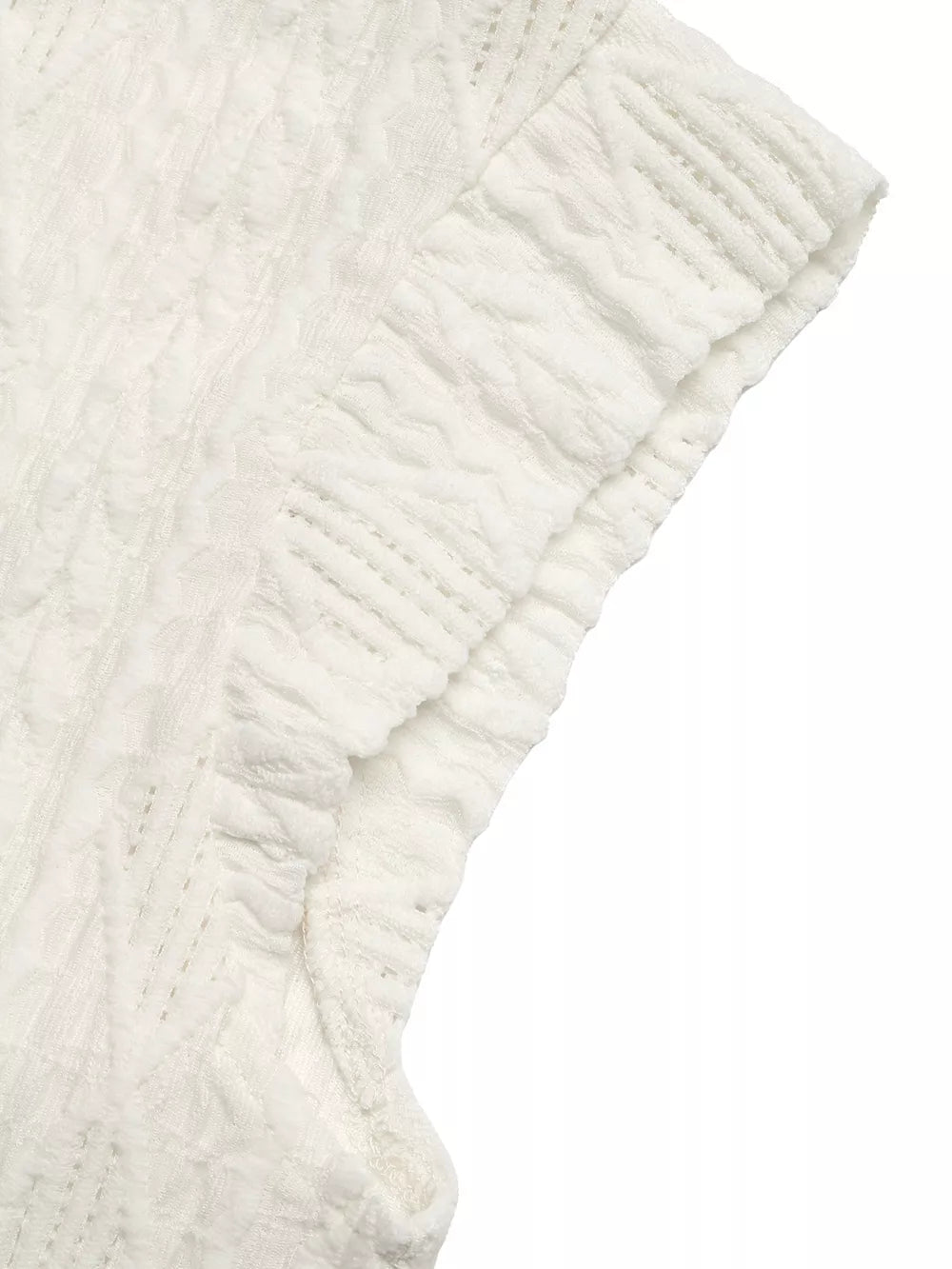 Diamond knit cap sleeve t-shirt in white with textured fabric detail.