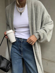 Light gray plush maxi cardigan with balloon sleeves and open front.