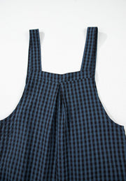 Dark blue gingham overalls with wide legs and button detail