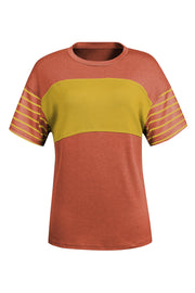 Colorblock raglan tee in orange and gold with striped sleeves and a crew neck.