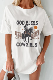 White cotton graphic tee dress with cowgirl riding horse and desert landscape.