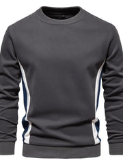 Dark gray crew neck sweatshirt with white and navy side panels.