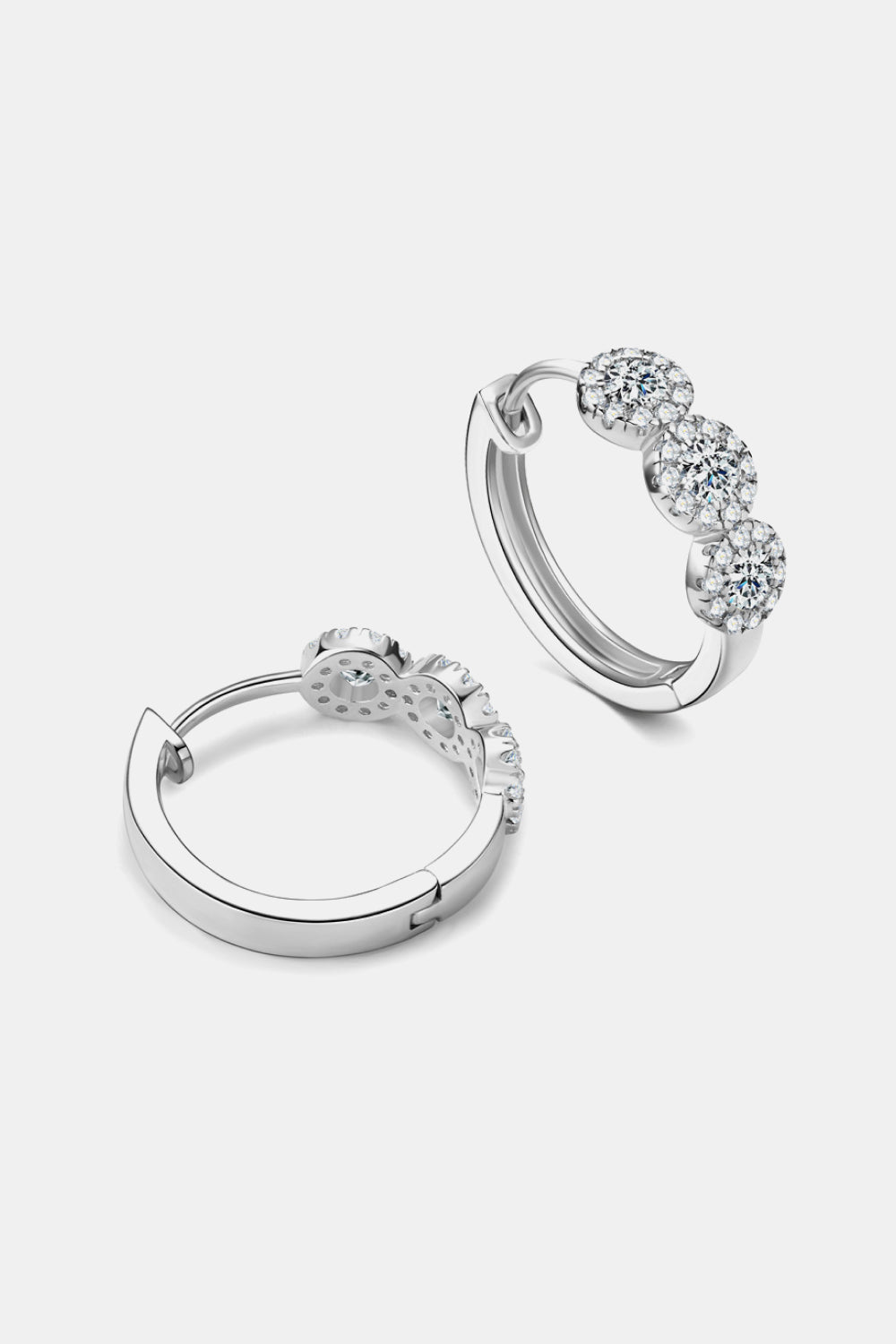 Silver triple cluster diamond huggie hoop earrings with sparkling stones