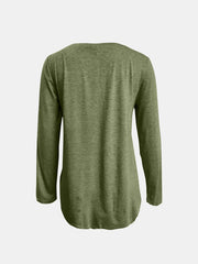 Matcha green long sleeve tee with asymmetrical hem and button detail