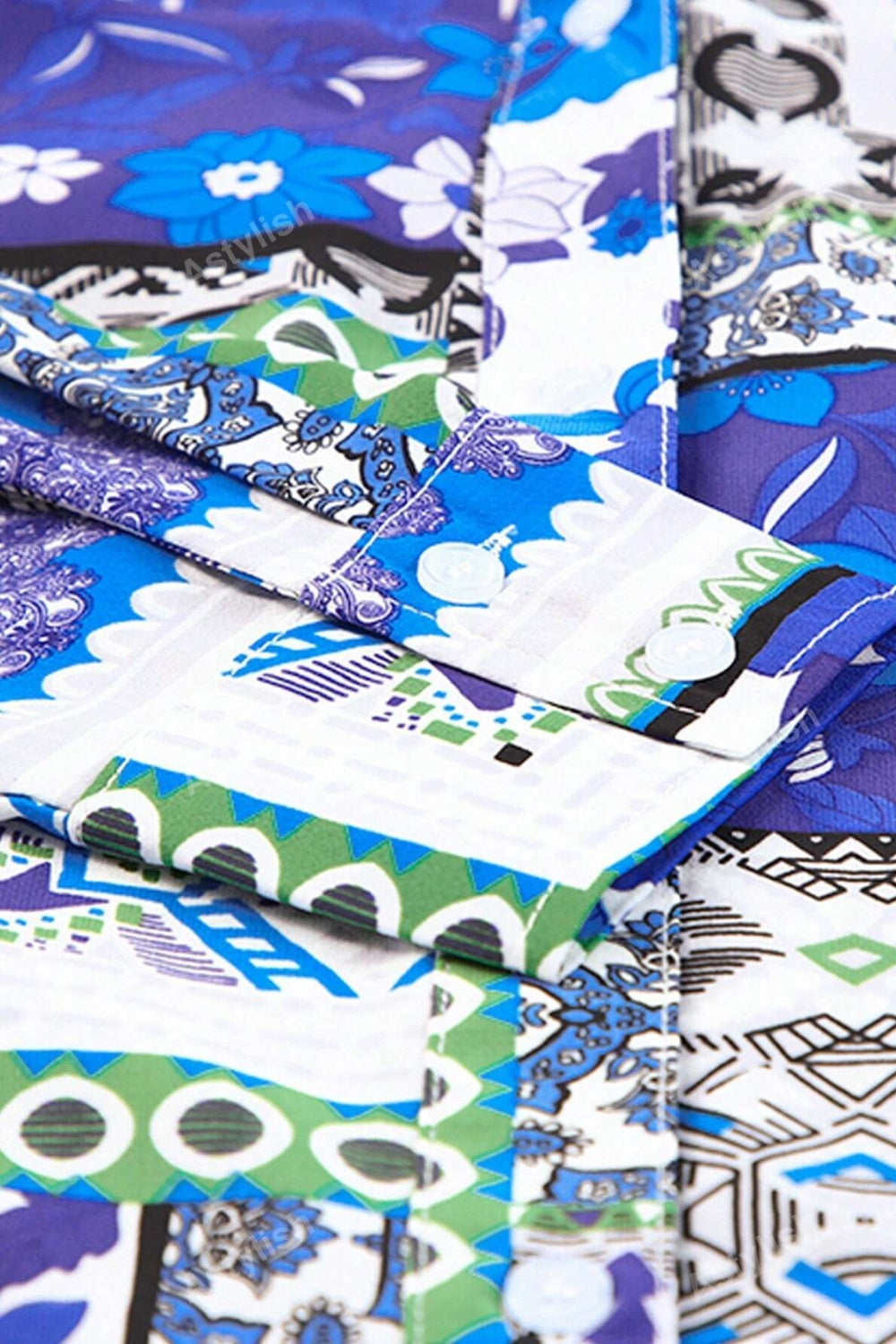 Patchwork print duster shirt jacket in Royal Blue with buttoned cuffs and collar detail.