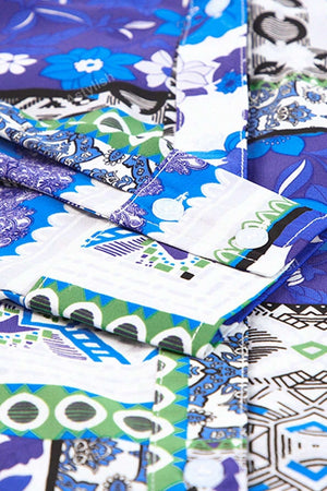 Patchwork print duster shirt jacket in Royal Blue with buttoned cuffs and collar detail.