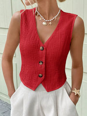 Red textured cotton button vest with a V-neck and cropped length.