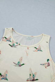 Cream tank top with mallard duck print and cattail accents.
