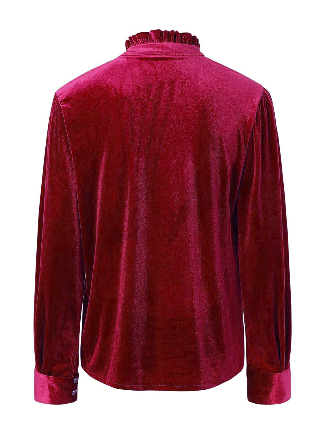 Burgundy velvet blouse with mandarin collar and buttoned cuffs