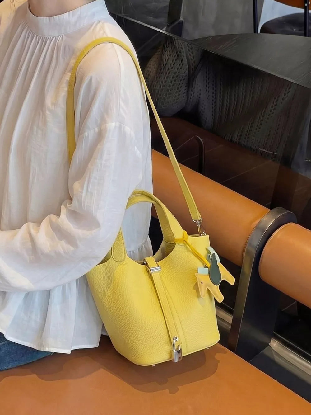 Adjustable Strap Bucket Bag in Gold, front view