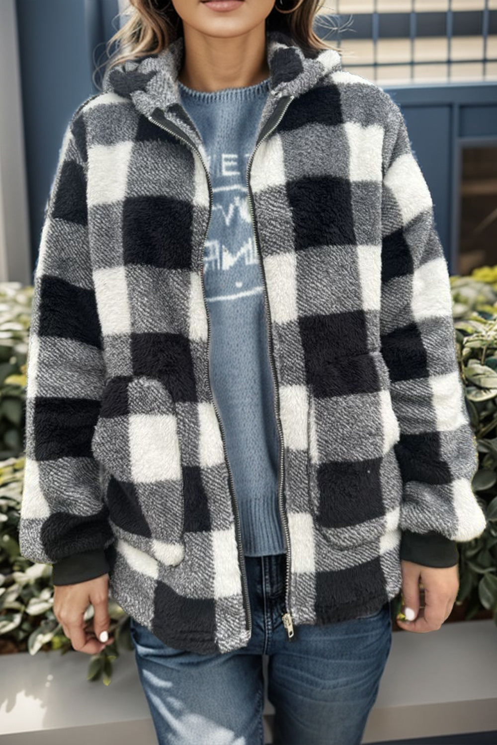 Sherpa buffalo check zip-up hooded jacket with pockets