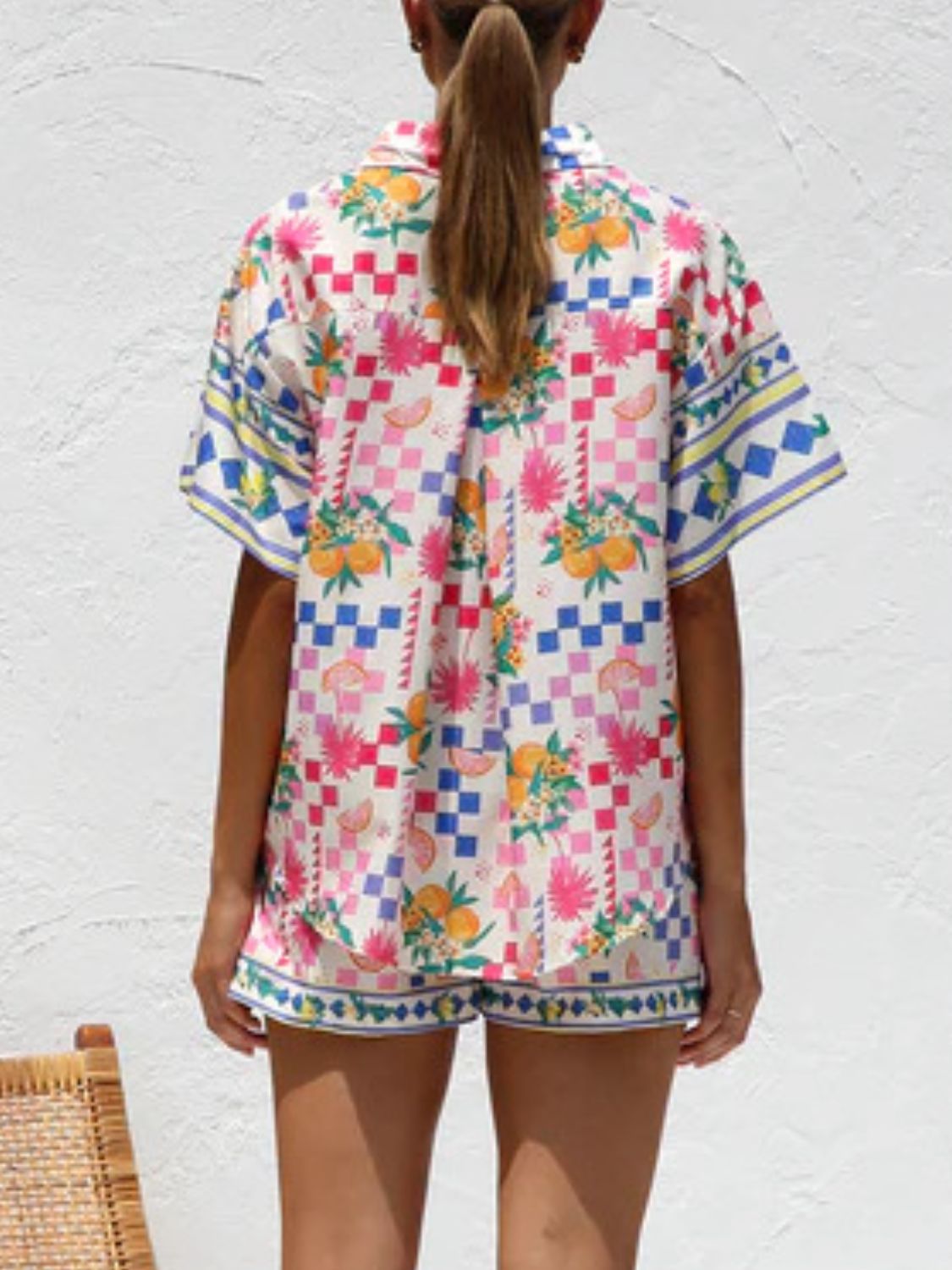 Citrus print resort set with button-up shirt and shorts in multicolor.