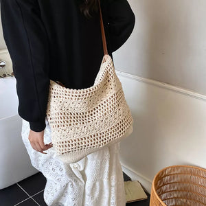Crochet Knit Shoulder Bag in Tan, back view