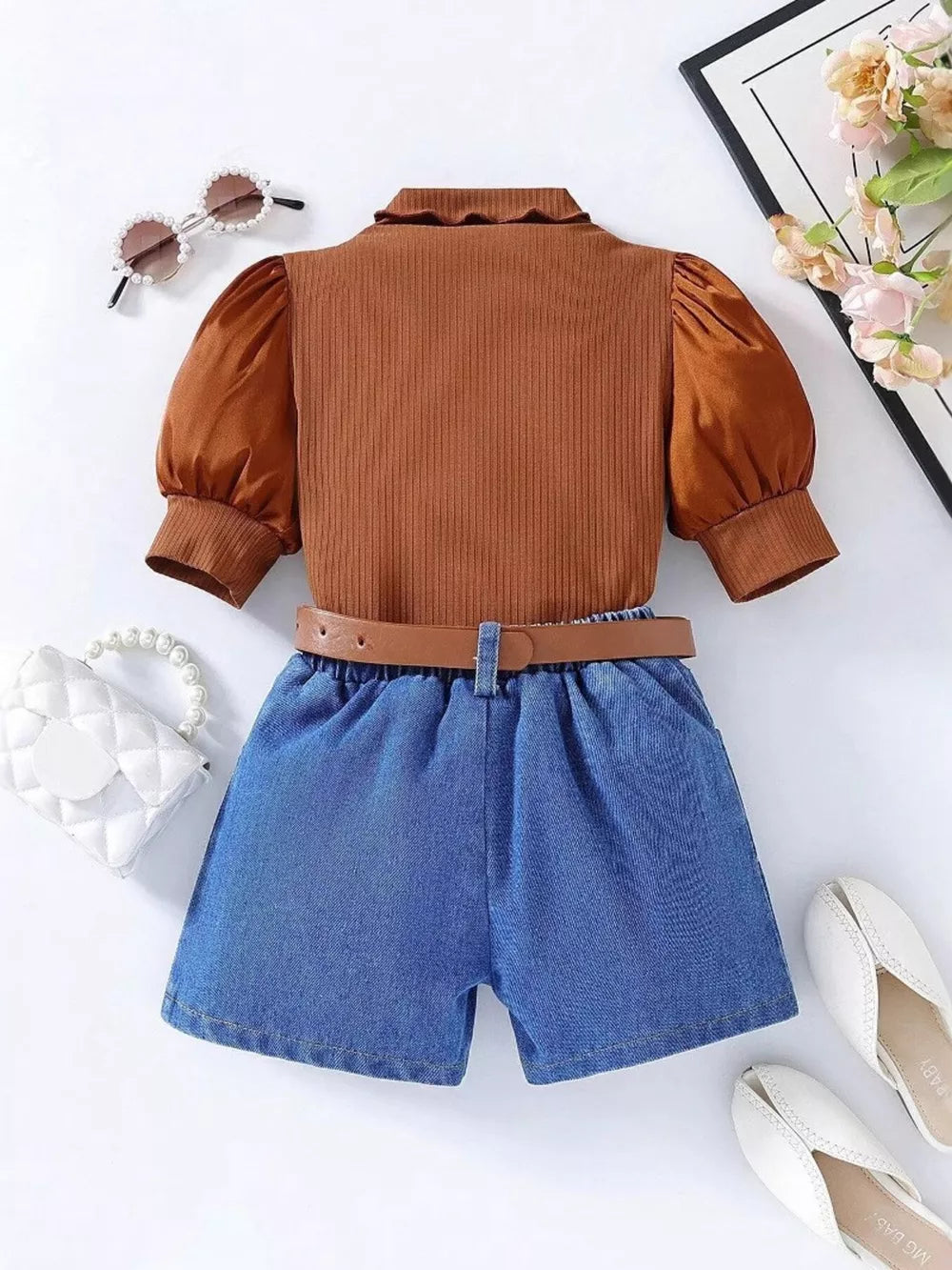 Children's Puff Sleeve Top And Denim Shorts Set, side view