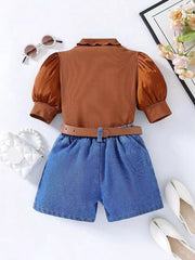 Children's Puff Sleeve Top And Denim Shorts Set, side view