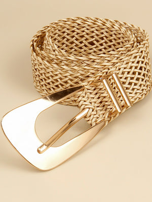 Woven raffia belt in camel with a gold-tone buckle and adjustable closure.