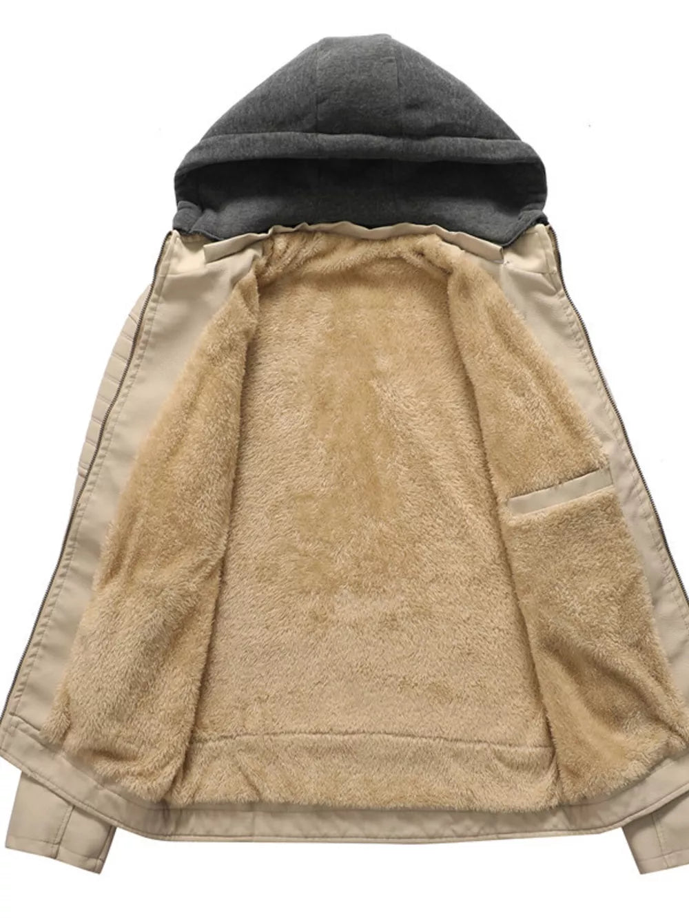 Plus size faux-leather hooded jacket in earthy yellow with plush sherpa lining and grey hood.